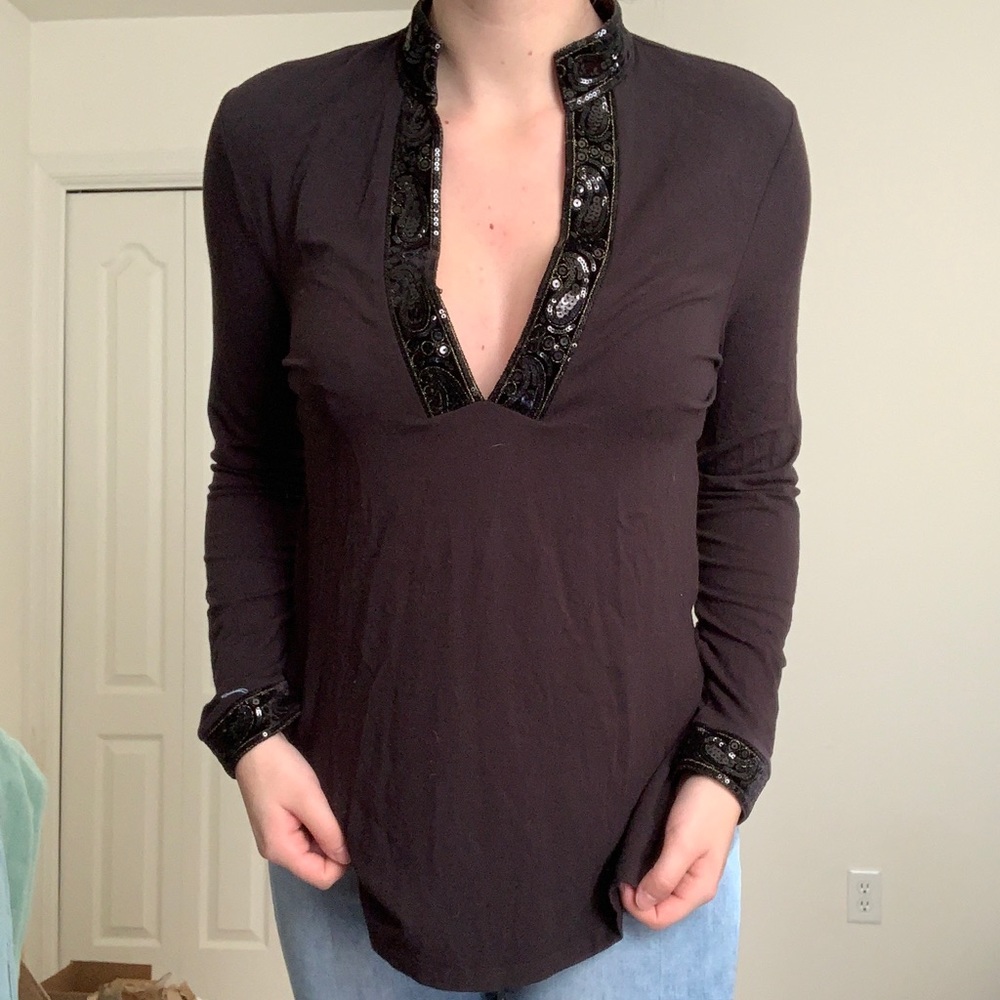 Talbots Black V Neck Sequin Detailed Top